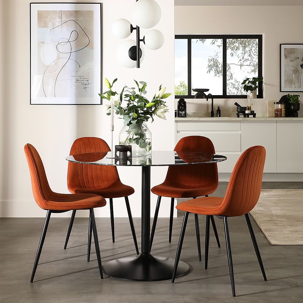 Orbit Round Dining Table & 4 Brooklyn Dining Chairs, Black Marble Effect & Black Steel, Burnt Orange Classic Velvet, 110cm