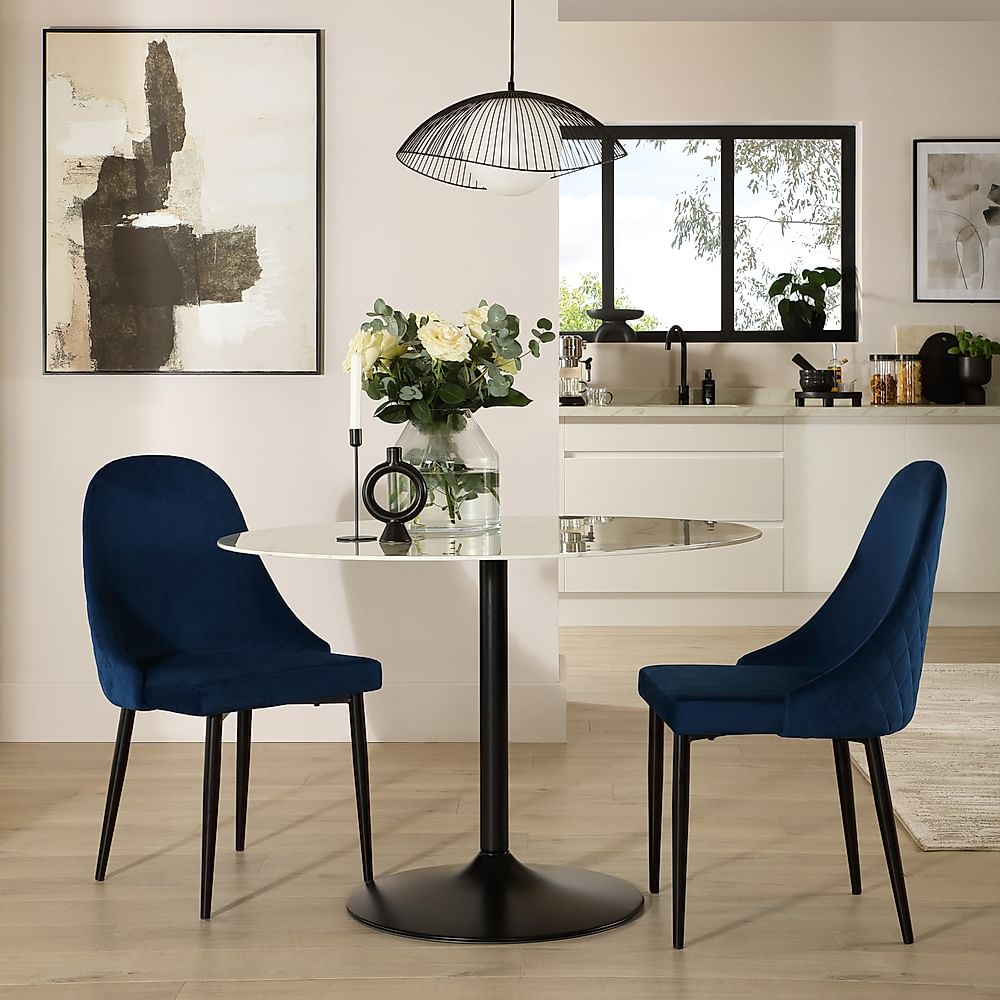Orbit Round Dining Table & 2 Ricco Dining Chairs, White Marble Effect & Black Steel, Blue Classic Velvet, 110cm