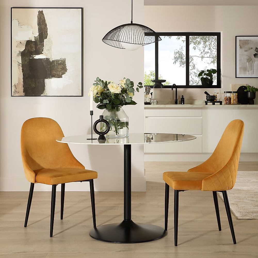 Orbit Round Dining Table & 2 Ricco Dining Chairs, White Marble Effect & Black Steel, Mustard Classic Velvet, 110cm