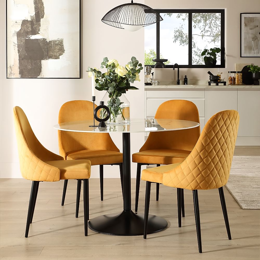 Orbit Round Dining Table & 4 Ricco Dining Chairs, White Marble Effect & Black Steel, Mustard Classic Velvet, 110cm
