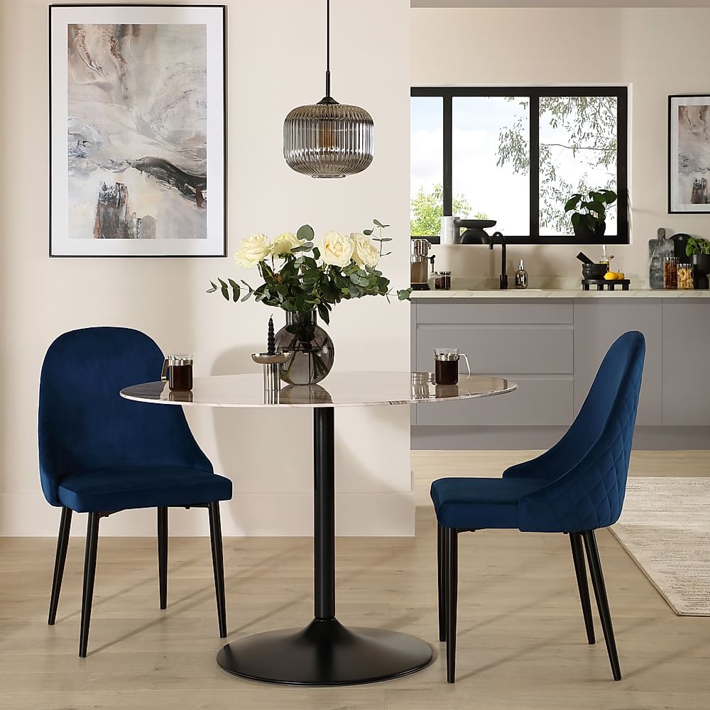 Orbit Round Dining Table & 2 Ricco Dining Chairs, Grey Marble Effect & Black Steel, Blue Classic Velvet, 110cm