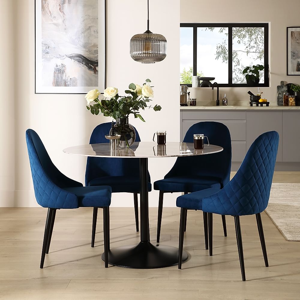 Orbit Round Dining Table & 4 Ricco Dining Chairs, Grey Marble Effect & Black Steel, Blue Classic Velvet, 110cm