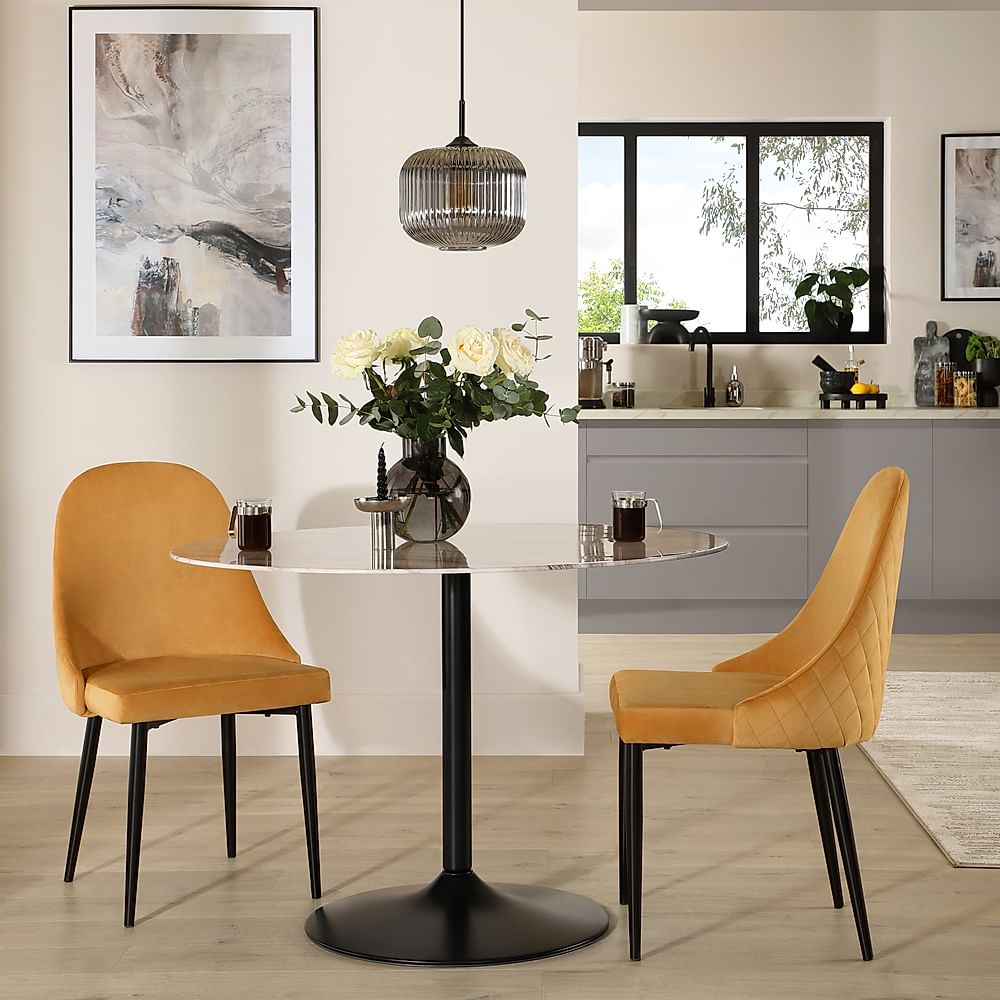 Orbit Round Dining Table & 2 Ricco Dining Chairs, Grey Marble Effect & Black Steel, Mustard Classic Velvet, 110cm