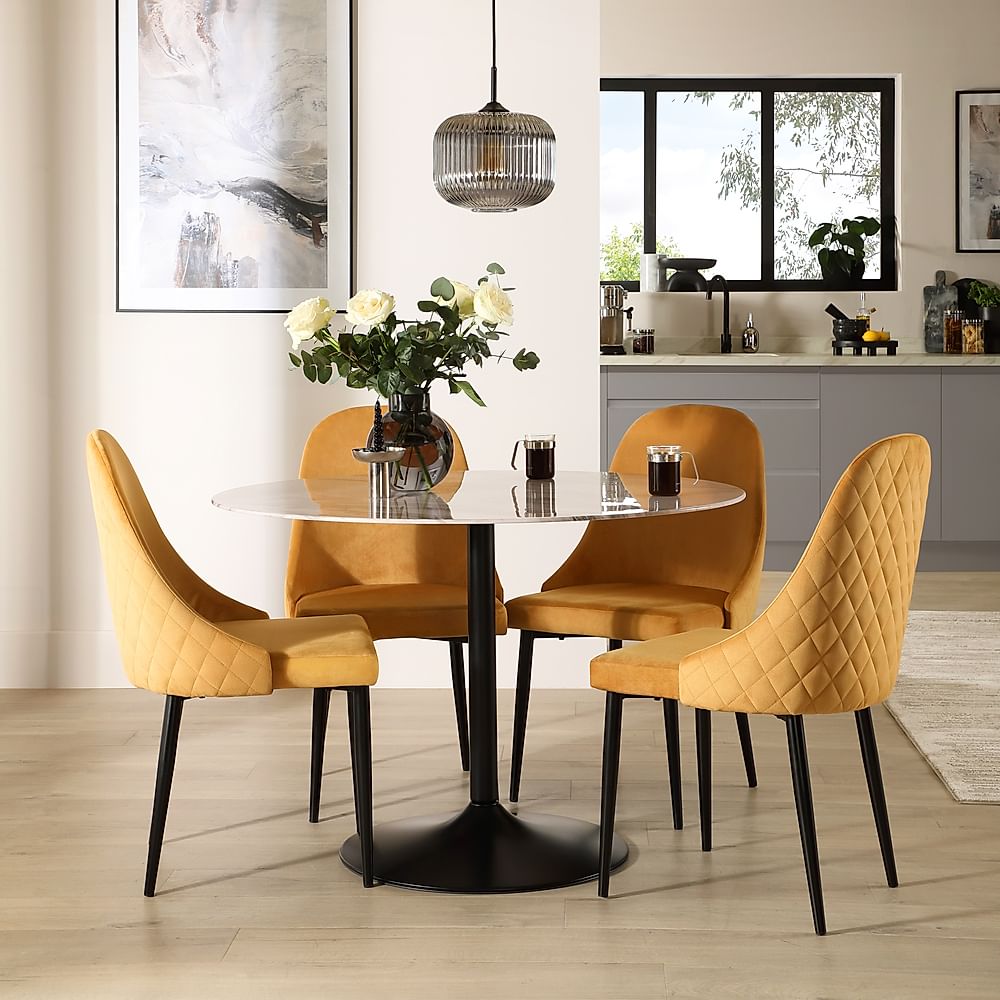 Orbit Round Dining Table & 4 Ricco Dining Chairs, Grey Marble Effect & Black Steel, Mustard Classic Velvet, 110cm