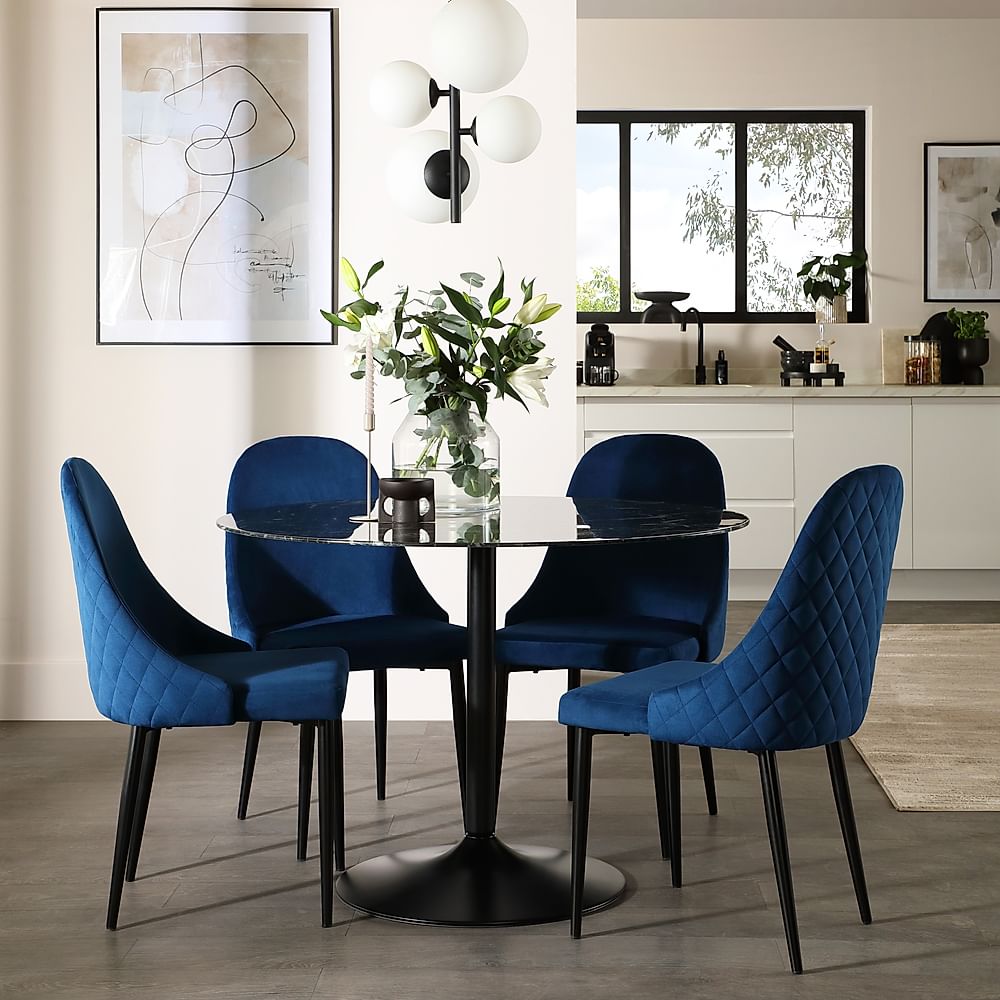 Orbit Round Dining Table & 4 Ricco Dining Chairs, Black Marble Effect & Black Steel, Blue Classic Velvet, 110cm