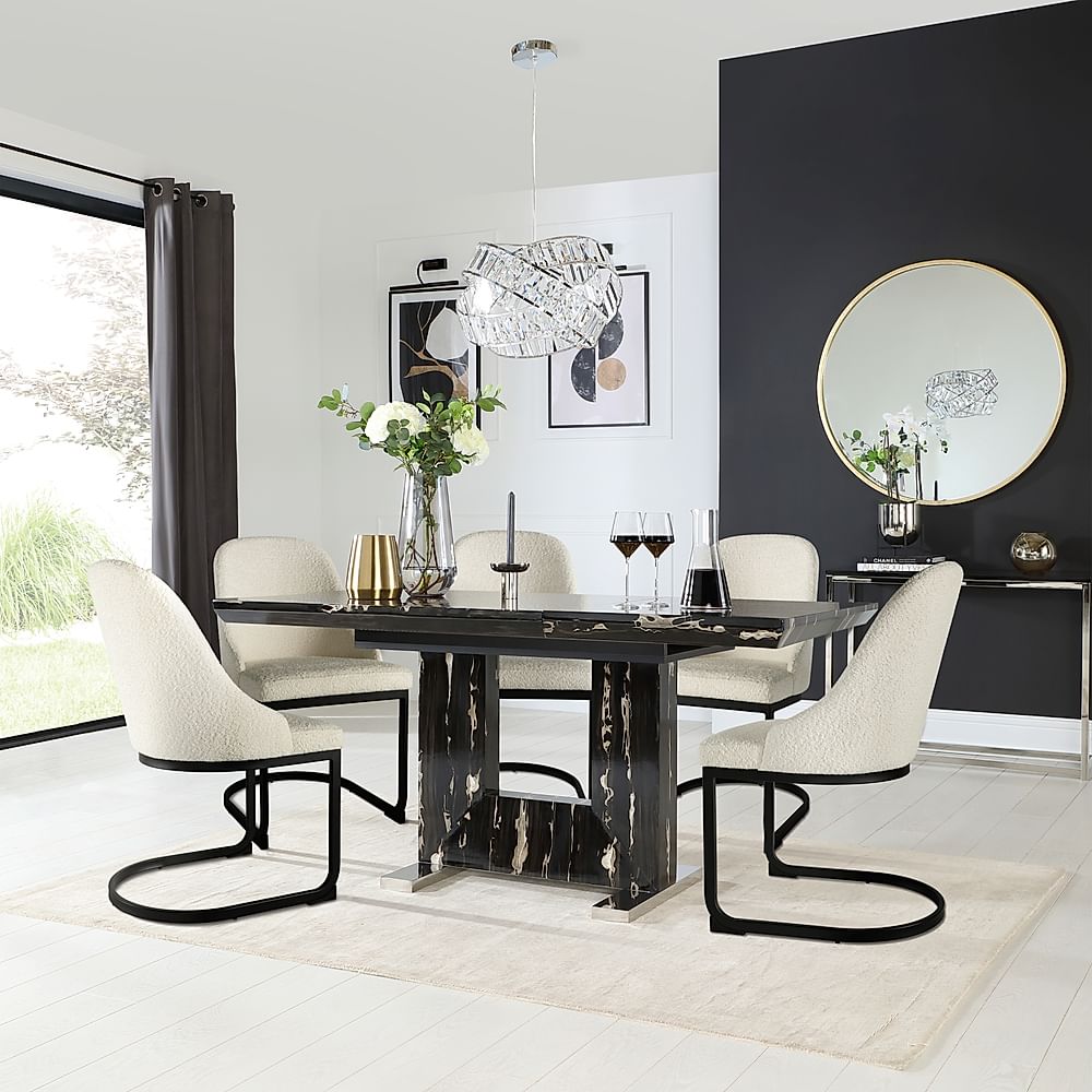 Florence Extending Dining Table & 4 Riva Chairs, Black Marble Effect, Ivory Classic Boucle Fabric & Black Steel, 120-160cm