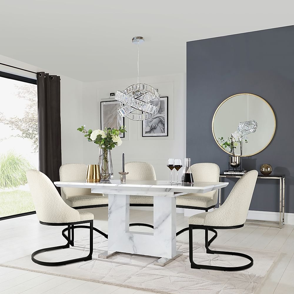 Florence Extending Dining Table & 4 Riva Chairs, White Marble Effect, Ivory Classic Boucle Fabric & Black Steel, 120-160cm