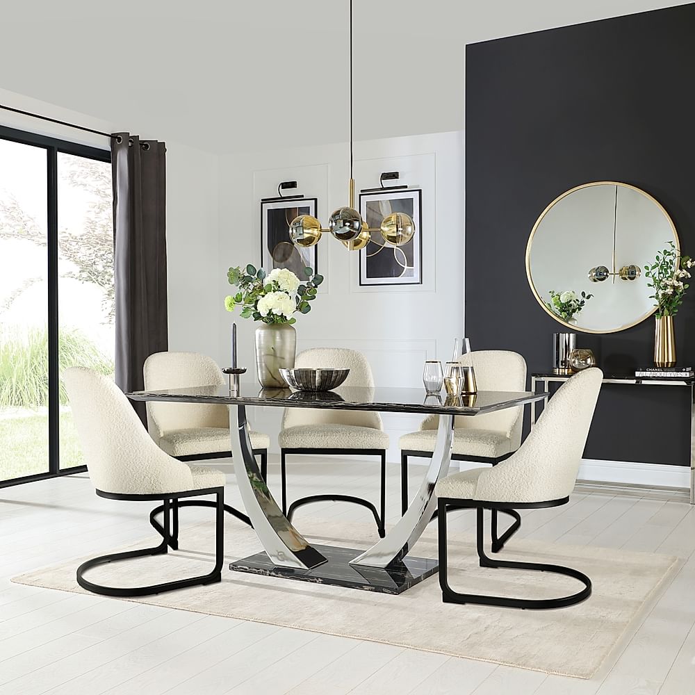 Peake Dining Table & 4 Riva Chairs, Black Marble Effect & Chrome, Ivory Classic Boucle Fabric & Black Steel, 160cm