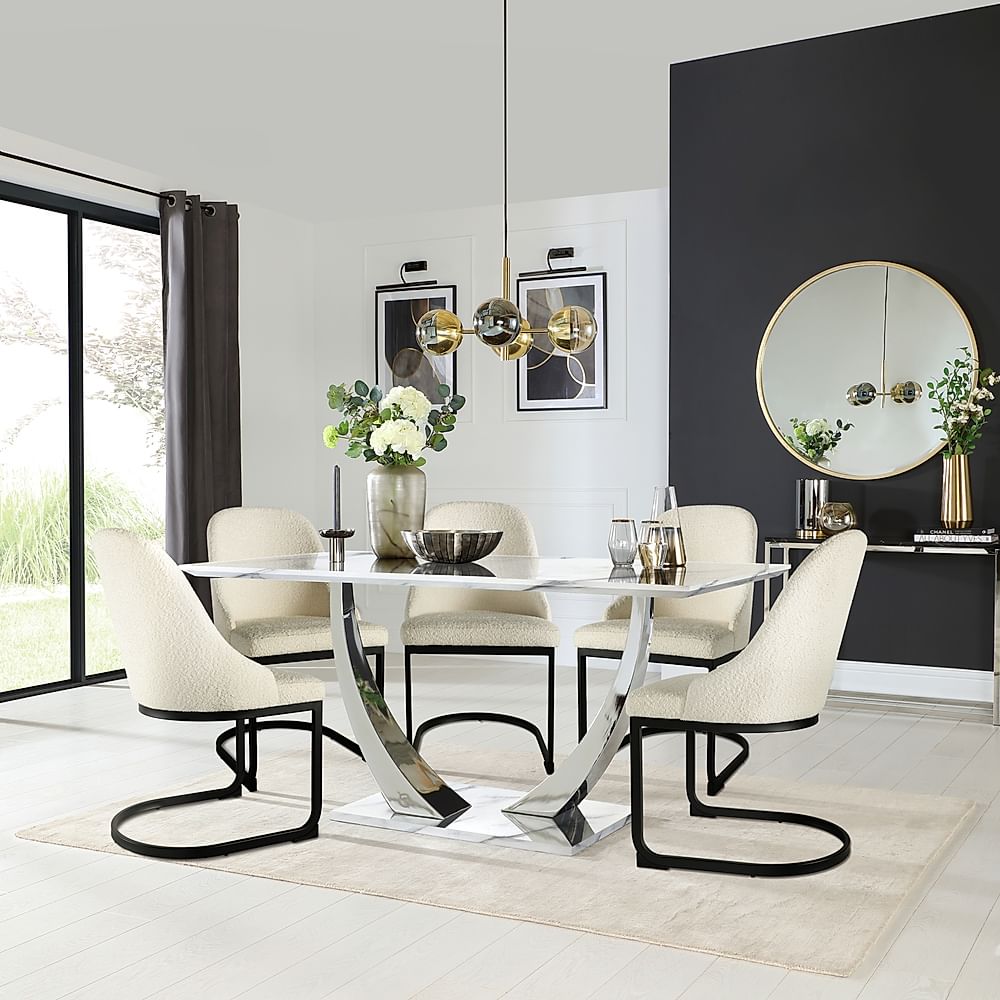 Peake Dining Table & 4 Riva Chairs, White Marble Effect & Chrome, Ivory Classic Boucle Fabric & Black Steel, 160cm