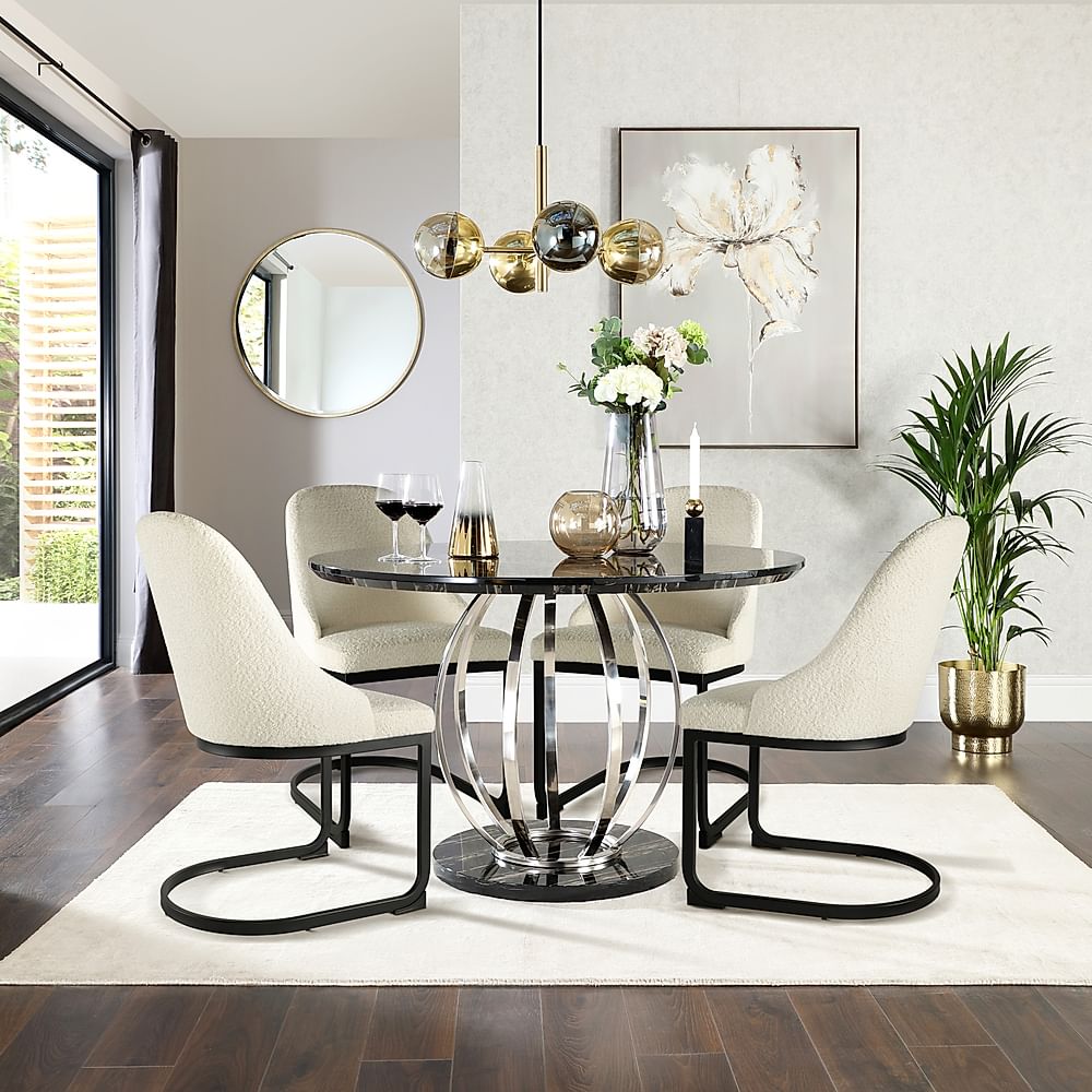 Savoy Round Dining Table & 4 Riva Chairs, Black Marble Effect & Chrome, Ivory Classic Boucle Fabric & Black Steel, 120cm