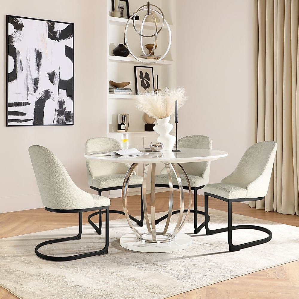 Savoy Round Dining Table & 4 Riva Chairs, White Marble Effect & Chrome, Ivory Classic Boucle Fabric & Black Steel, 120cm