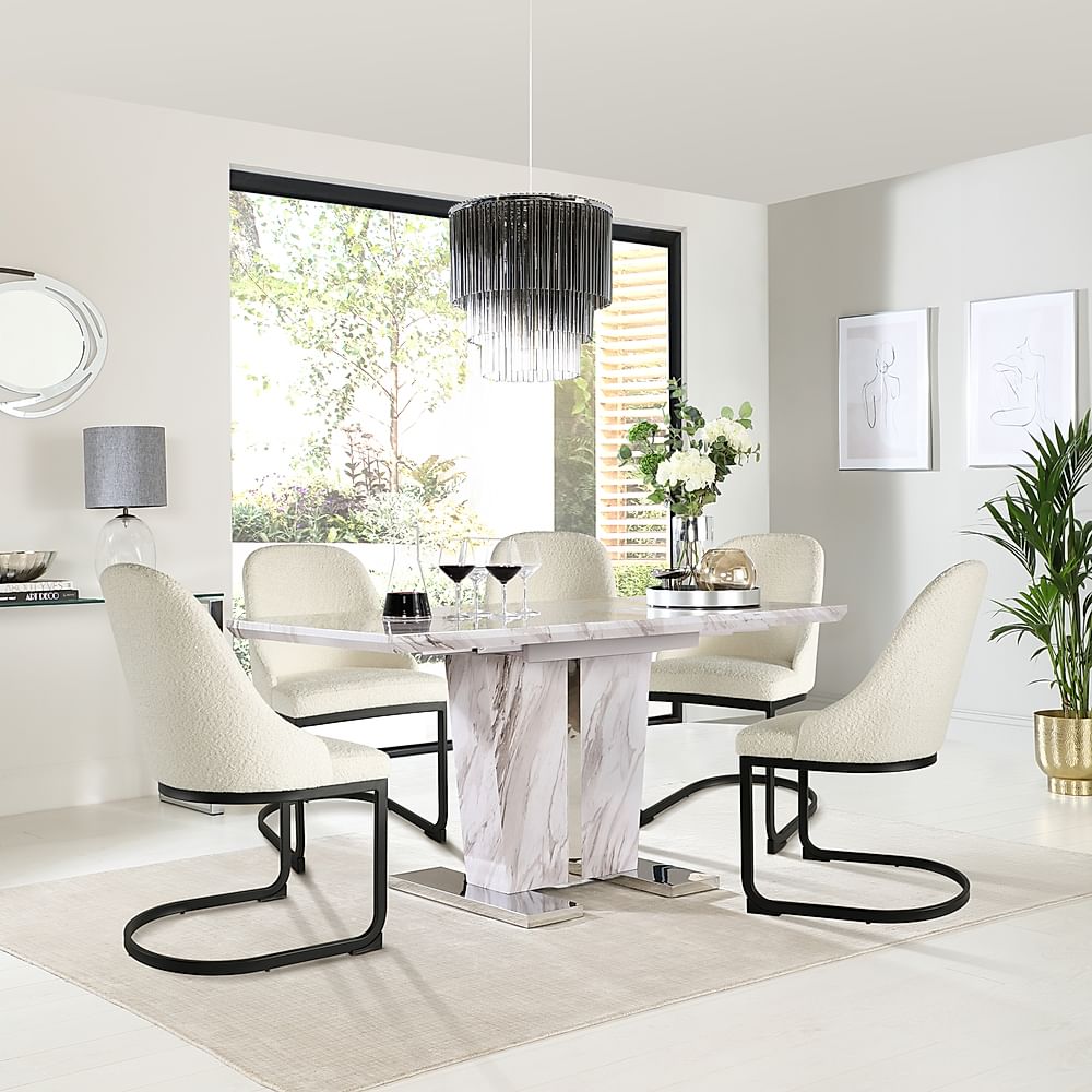Vienna Extending Dining Table & 4 Riva Chairs, Grey Marble Effect, Ivory Classic Boucle Fabric & Black Steel, 120-160cm