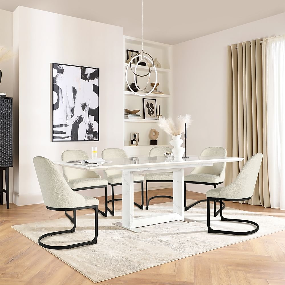 Tokyo Extending Dining Table & 4 Riva Chairs, White Marble Effect, Ivory Classic Boucle Fabric & Black Steel, 160-220cm