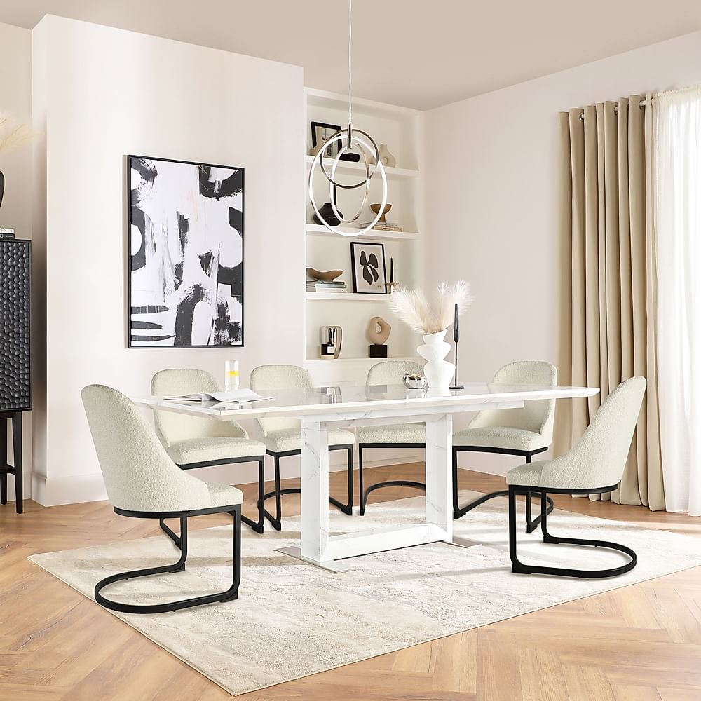 Tokyo Extending Dining Table & 6 Riva Chairs, White Marble Effect, Ivory Classic Boucle Fabric & Black Steel, 160-220cm