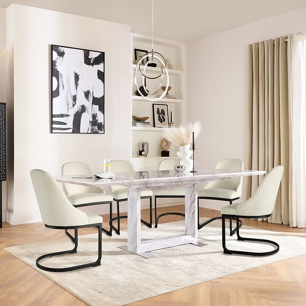 Tokyo Extending Dining Table & 6 Riva Chairs, Grey Marble Effect, Ivory Classic Boucle Fabric & Black Steel, 160-220cm