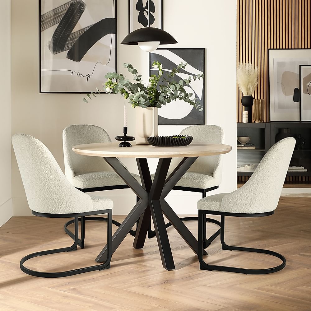 Newark Round Dining Table & 4 Riva Chairs, Light Oak Effect & Black Steel, Ivory Classic Boucle Fabric, 110cm