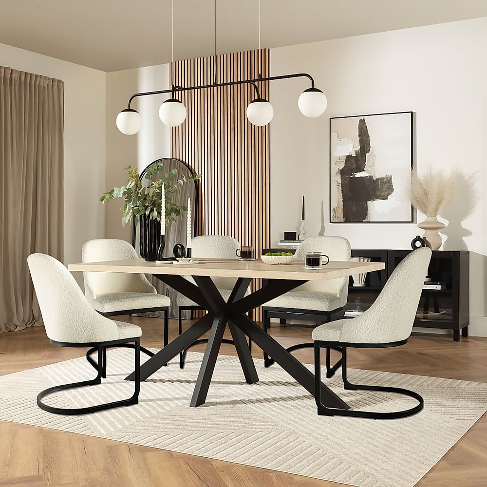 Madison Dining Table & 4 Riva Chairs, Light Oak Effect & Black Steel ...