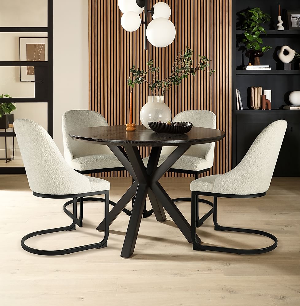 Newark Round Dining Table & 4 Riva Chairs, Black Oak Effect & Black Steel, Ivory Boucle Fabric, 110cm