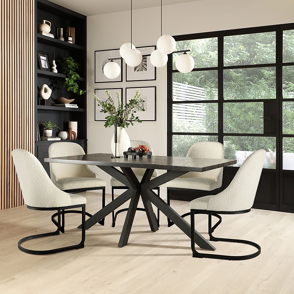 Madison Dining Table & 4 Riva Chairs, Black Oak Effect & Black Steel, Ivory Boucle Fabric, 160cm