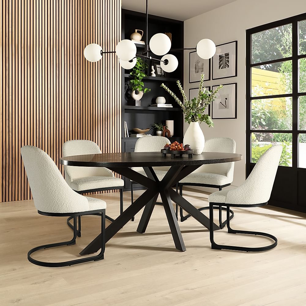 Madison Oval Dining Table & 6 Riva Chairs, Black Oak Effect & Black Steel, Ivory Classic Boucle Fabric, 180cm