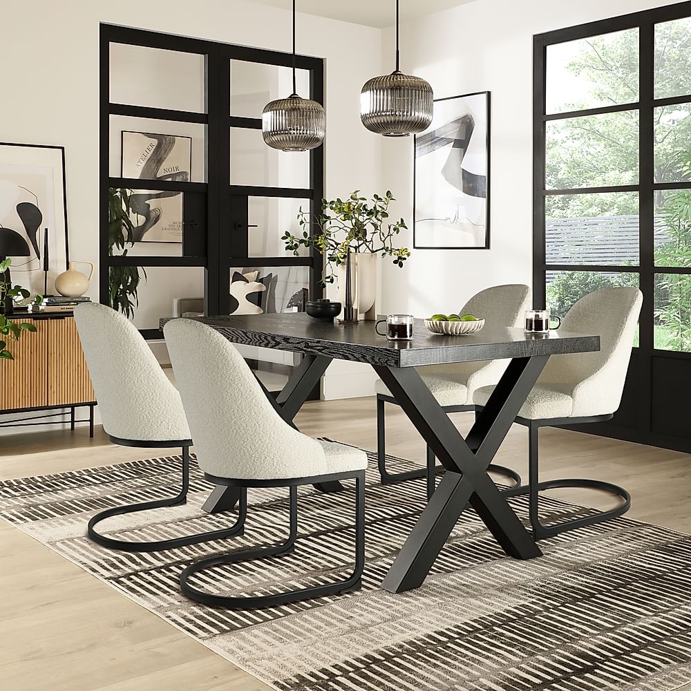 Franklin Dining Table & 4 Riva Chairs, Black Oak Effect & Black Steel, Ivory Classic Boucle Fabric, 150cm