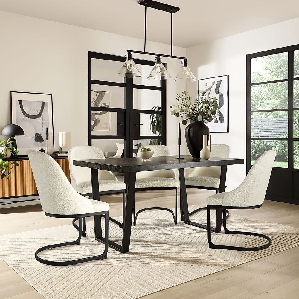 Addison Dining Table & 4 Riva Chairs, Black Oak Effect & Black Steel, Ivory Boucle Fabric, 150cm