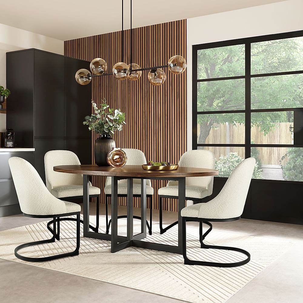 Newbury Oval Industrial Dining Table & 4 Riva Chairs, Walnut Effect & Black Steel, Ivory Classic Boucle Fabric, 180cm