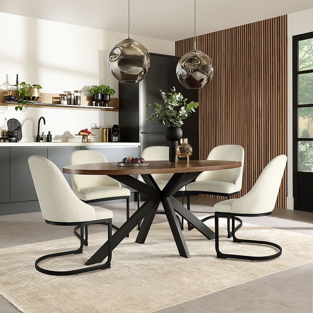 Madison Oval Industrial Dining Table & 4 Riva Chairs, Walnut Effect & Black Steel, Ivory Classic Boucle Fabric, 180cm