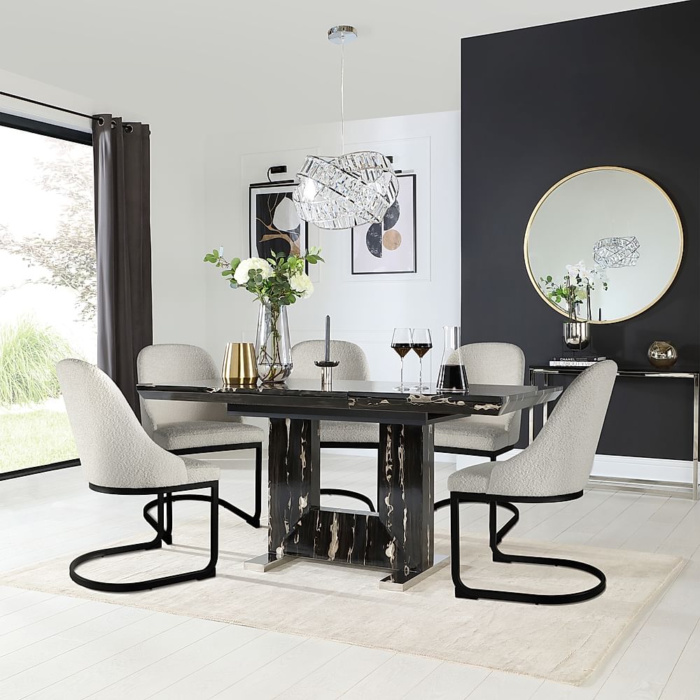 Florence Extending Dining Table & 6 Riva Chairs, Black Marble Effect, Light Grey Classic Boucle Fabric & Black Steel, 120-160cm