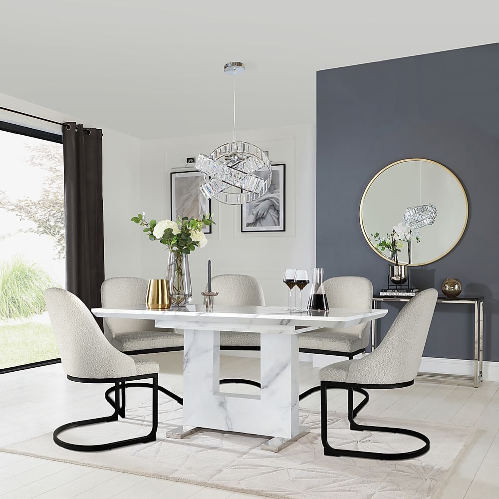 Florence Extending Dining Table & 6 Riva Chairs, White Marble Effect, Light Grey Classic Boucle Fabric & Black Steel, 120-160cm