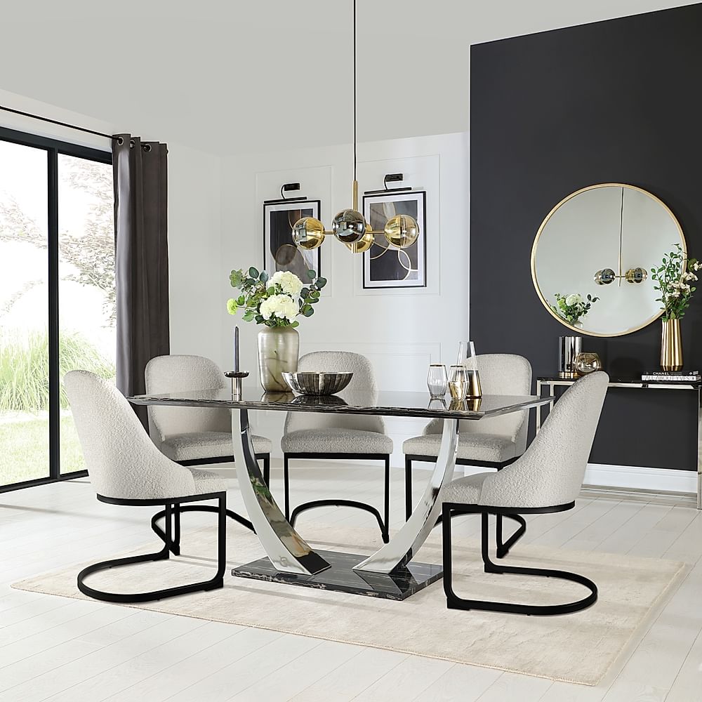 Peake Dining Table & 4 Riva Chairs, Black Marble Effect & Chrome, Light Grey Classic Boucle Fabric & Black Steel, 160cm