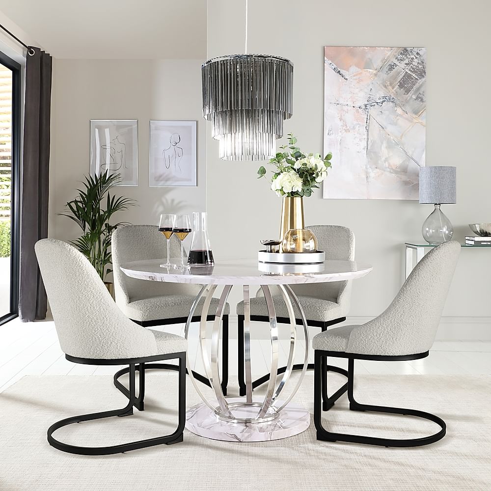 Savoy Round Dining Table And 4 Riva Chairs Grey Marble Effect And Chrome Light Grey Classic Boucle 6776