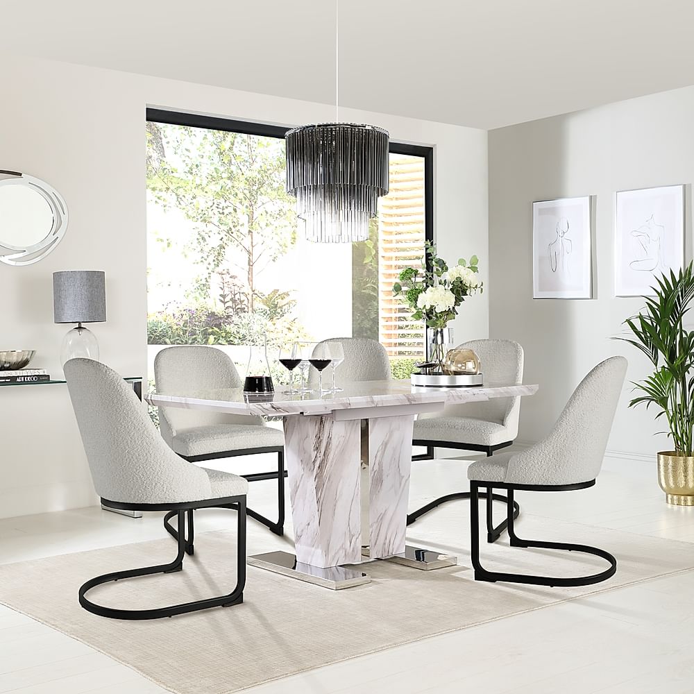 Vienna Extending Dining Table & 6 Riva Chairs, Grey Marble Effect, Light Grey Classic Boucle Fabric & Black Steel, 120-160cm