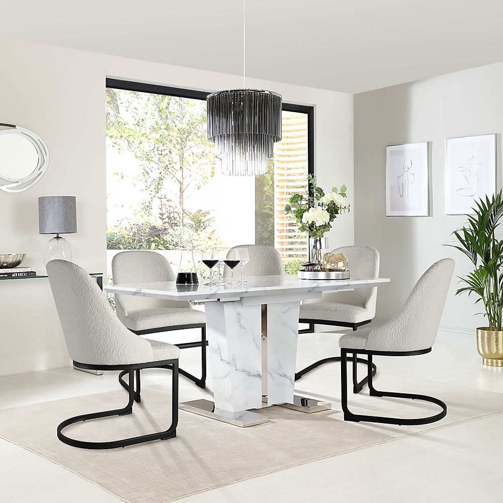 Vienna Extending Dining Table & 6 Riva Chairs, White Marble Effect, Light Grey Classic Boucle Fabric & Black Steel, 120-160cm