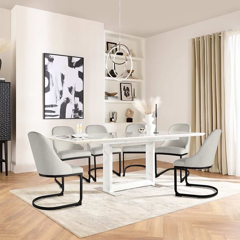 Tokyo Extending Dining Table & 6 Riva Chairs, White Marble Effect, Light Grey Classic Boucle Fabric & Black Steel, 160-220cm