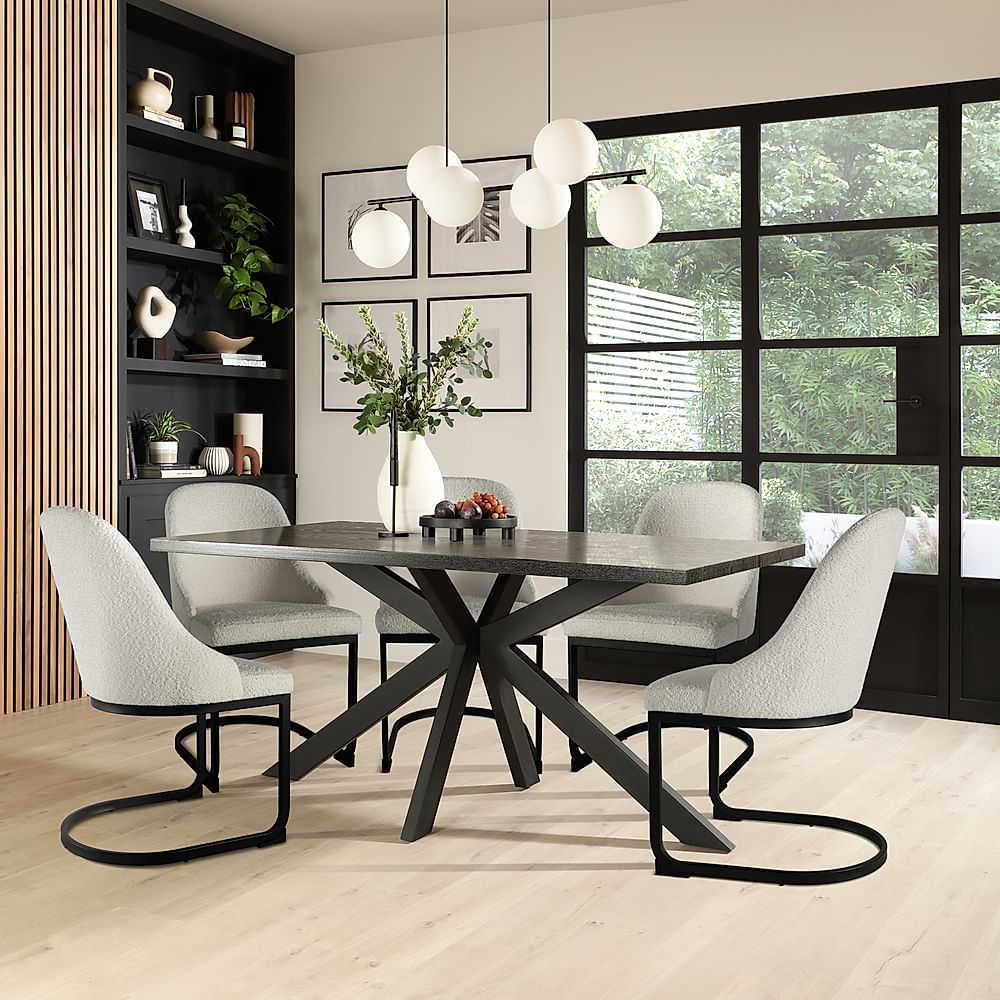 Madison Dining Table & 4 Riva Chairs, Black Oak Effect & Black Steel, Light Grey Classic Boucle Fabric, 160cm