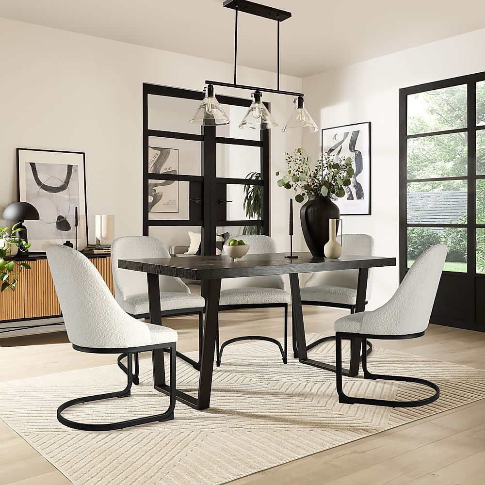 Addison Dining Table & 4 Riva Chairs, Black Oak Effect & Black Steel, Light Grey Classic Boucle Fabric, 150cm