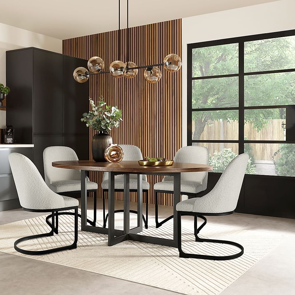 Newbury Oval Industrial Dining Table & 6 Riva Chairs, Walnut Effect & Black Steel, Light Grey Classic Boucle Fabric, 180cm