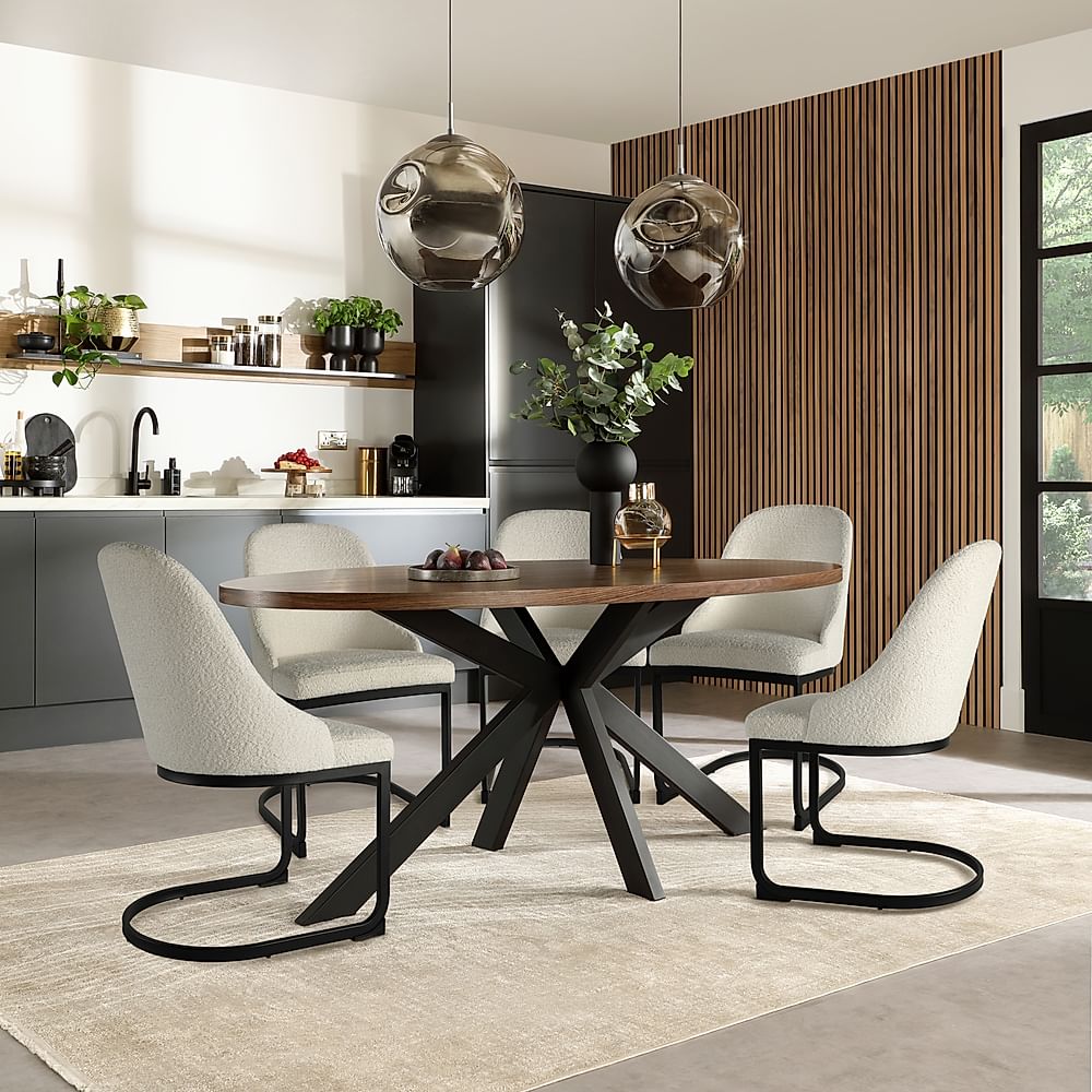 Madison Oval Industrial Dining Table & 4 Riva Chairs, Walnut Effect & Black Steel, Light Grey Classic Boucle Fabric, 180cm