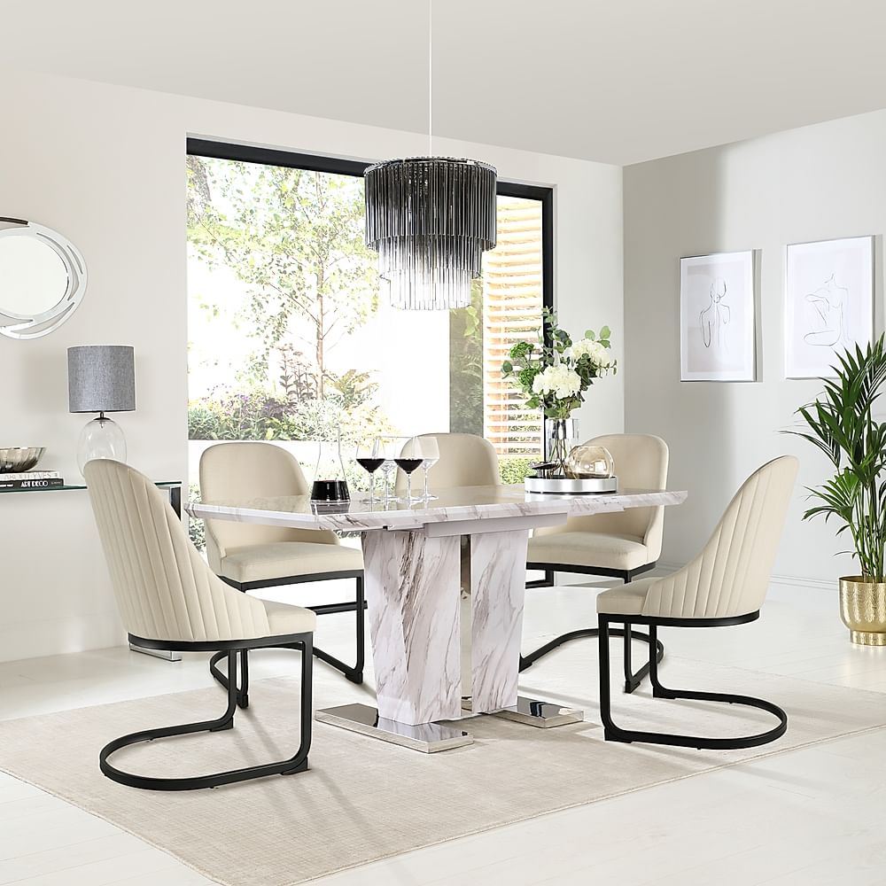 Vienna Extending Dining Table & 4 Riva Chairs, Grey Marble Effect, Ivory Classic Plush Fabric & Black Steel, 120-160cm