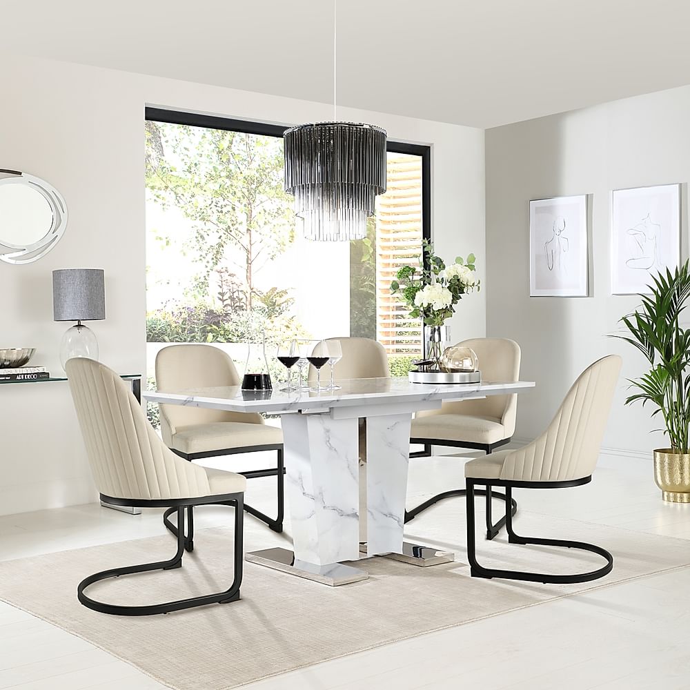 Vienna Extending Dining Table & 4 Riva Chairs, White Marble Effect, Ivory Classic Plush Fabric & Black Steel, 120-160cm