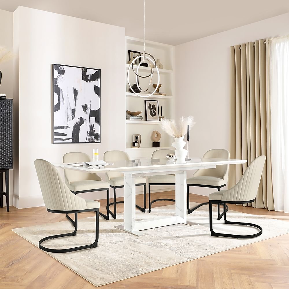 Tokyo Extending Dining Table & 6 Riva Chairs, White Marble Effect, Ivory Classic Plush Fabric & Black Steel, 160-220cm