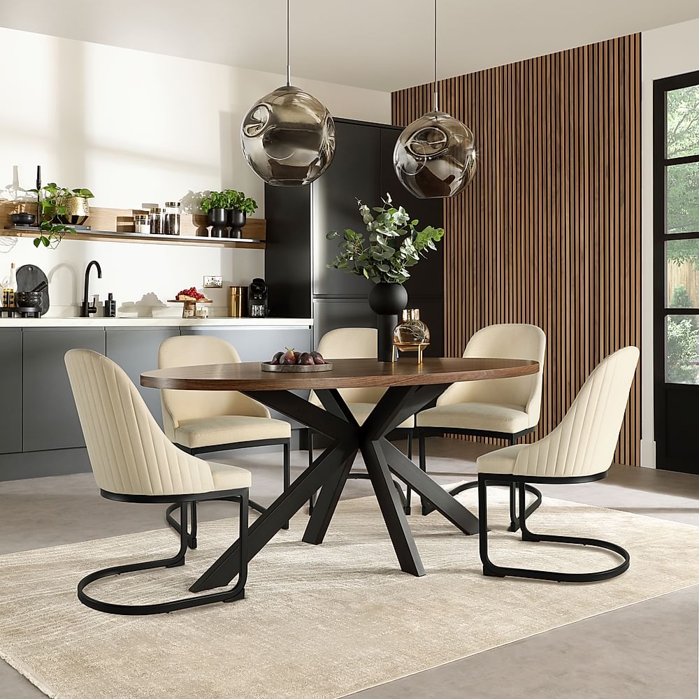 Madison Oval Industrial Dining Table & 4 Riva Chairs, Walnut Effect & Black Steel, Ivory Classic Plush Fabric, 180cm