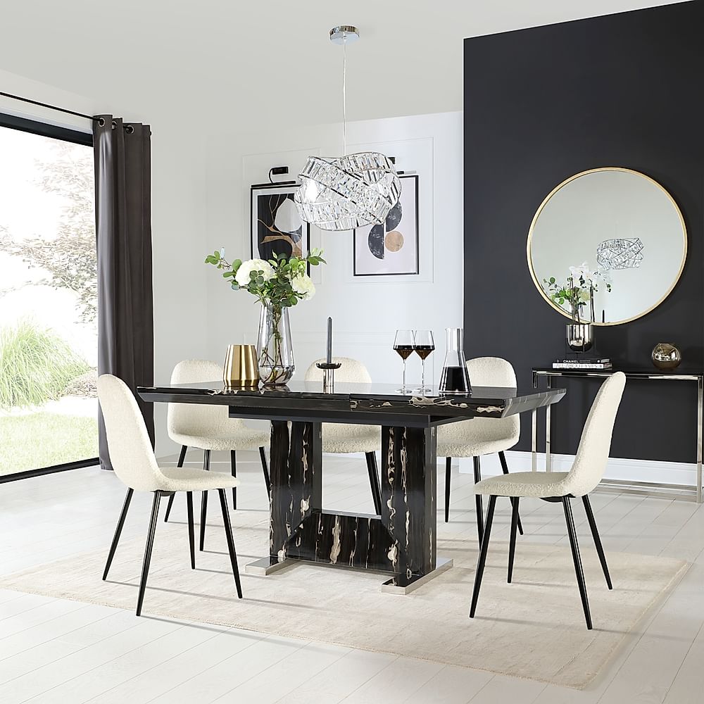 Florence Extending Dining Table & 6 Brooklyn Chairs, Black Marble Effect, Ivory Classic Boucle Fabric & Black Steel, 120-160cm
