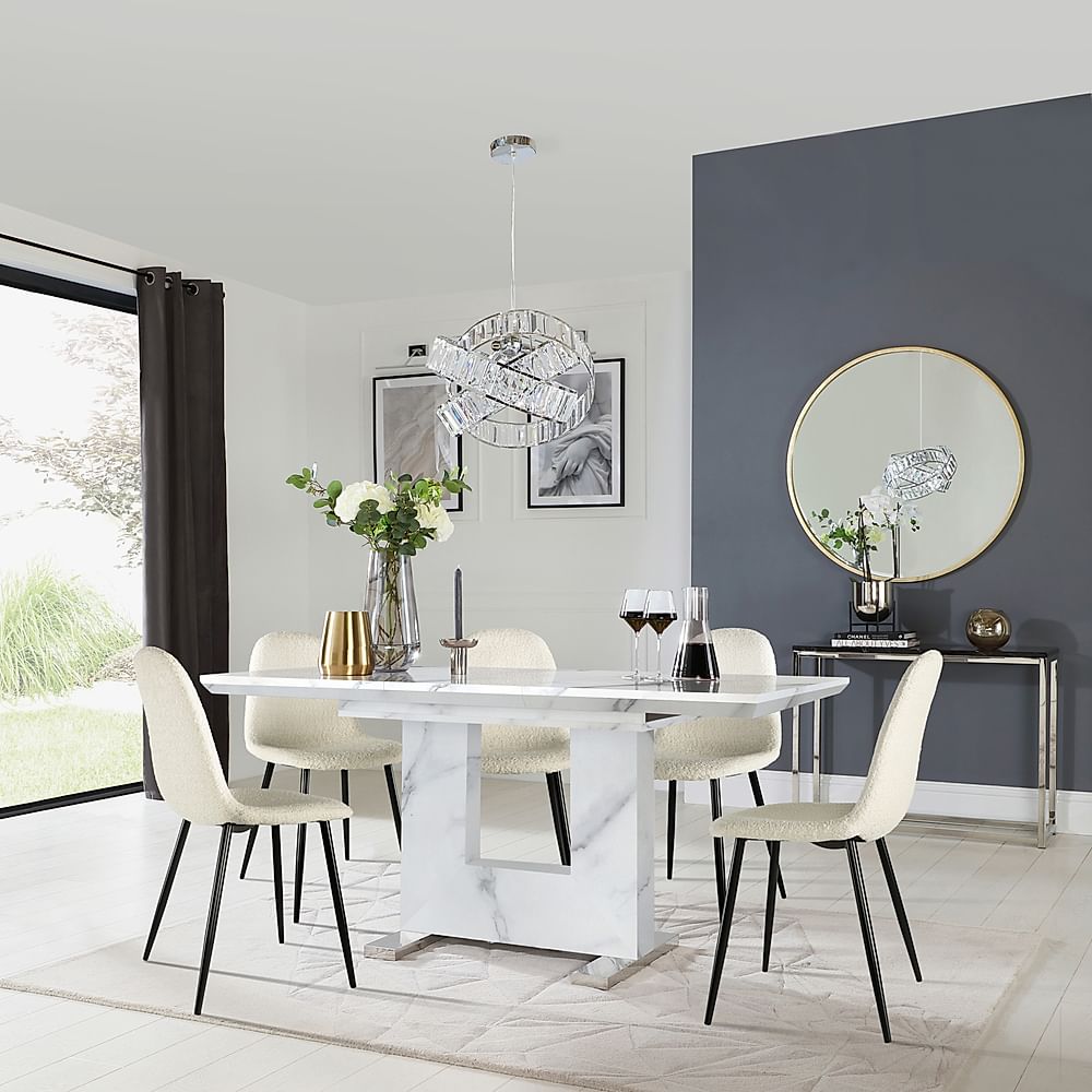 Florence Extending Dining Table & 6 Brooklyn Chairs, White Marble Effect, Ivory Boucle Fabric & Black Steel, 120-160cm