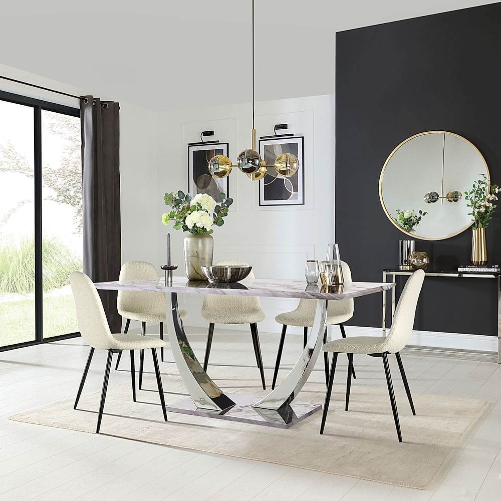 Peake Dining Table & 6 Brooklyn Chairs, Grey Marble Effect & Chrome, Ivory Classic Boucle Fabric & Black Steel, 160cm