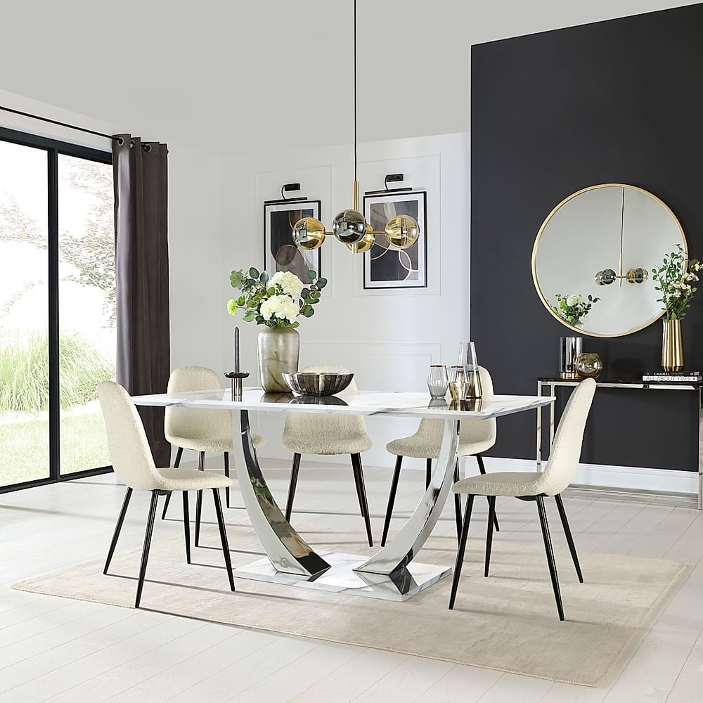 Peake Dining Table & 6 Brooklyn Chairs, White Marble Effect & Chrome, Ivory Classic Boucle Fabric & Black Steel, 160cm