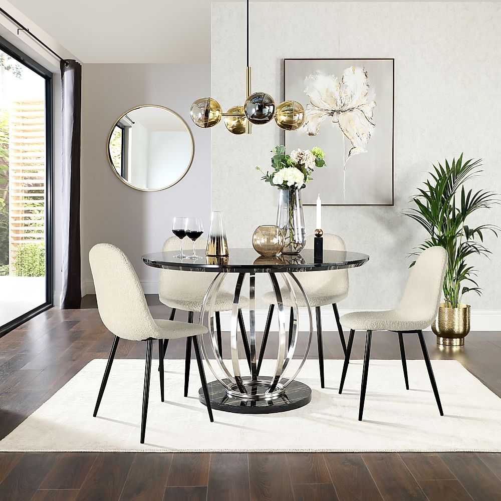Savoy Round Dining Table & 4 Brooklyn Chairs, Black Marble Effect & Chrome, Ivory Classic Boucle Fabric & Black Steel, 120cm