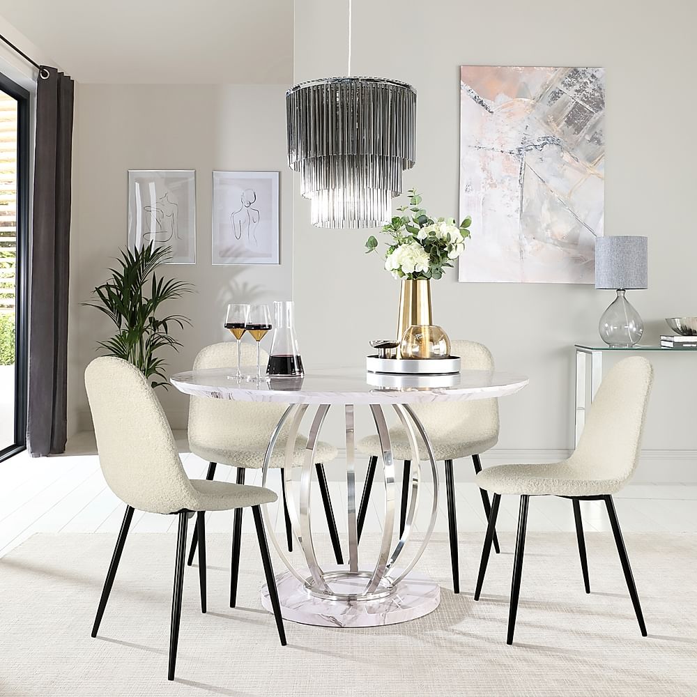 Savoy Round Dining Table And 4 Brooklyn Chairs Grey Marble Effect And Chrome Ivory Classic Boucle 8179