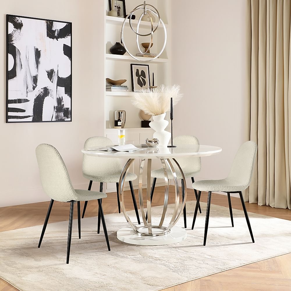 Savoy Round Dining Table & 4 Brooklyn Chairs, White Marble Effect & Chrome, Ivory Classic Boucle Fabric & Black Steel, 120cm